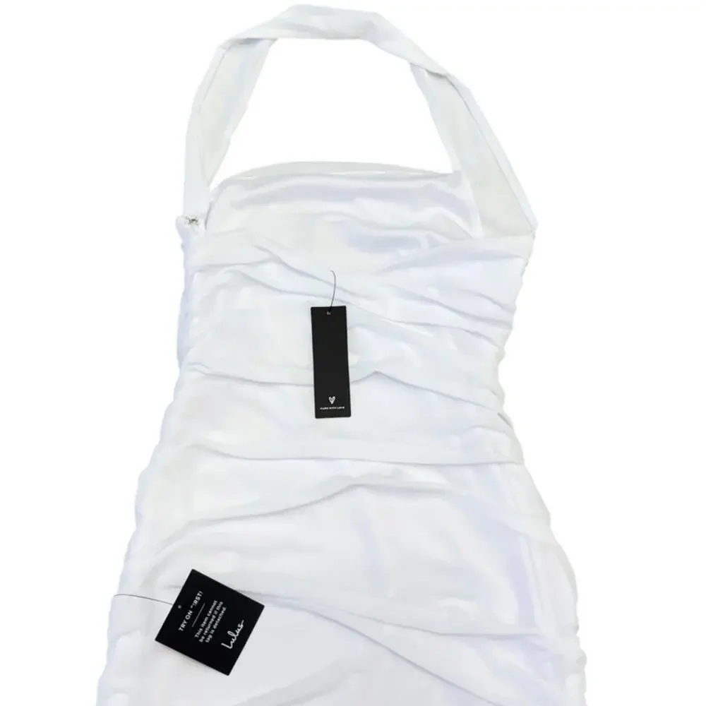 Lulus Attractive Radiance White Mesh Ruched Halter Mini Dress size L